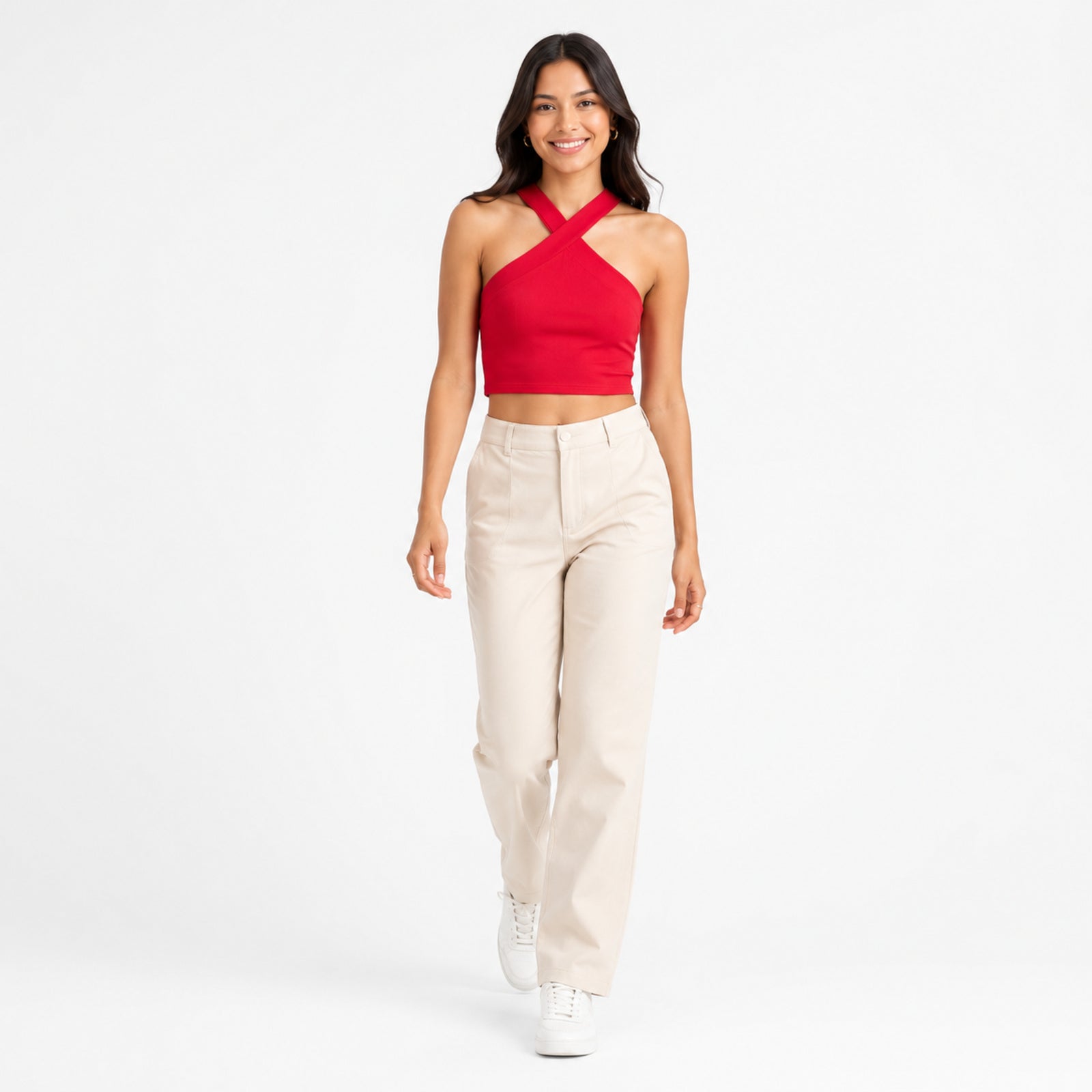 Women's Red Criss-Cross Halter Neck Fitted Crop Top | Solid Party Wear Top-1
