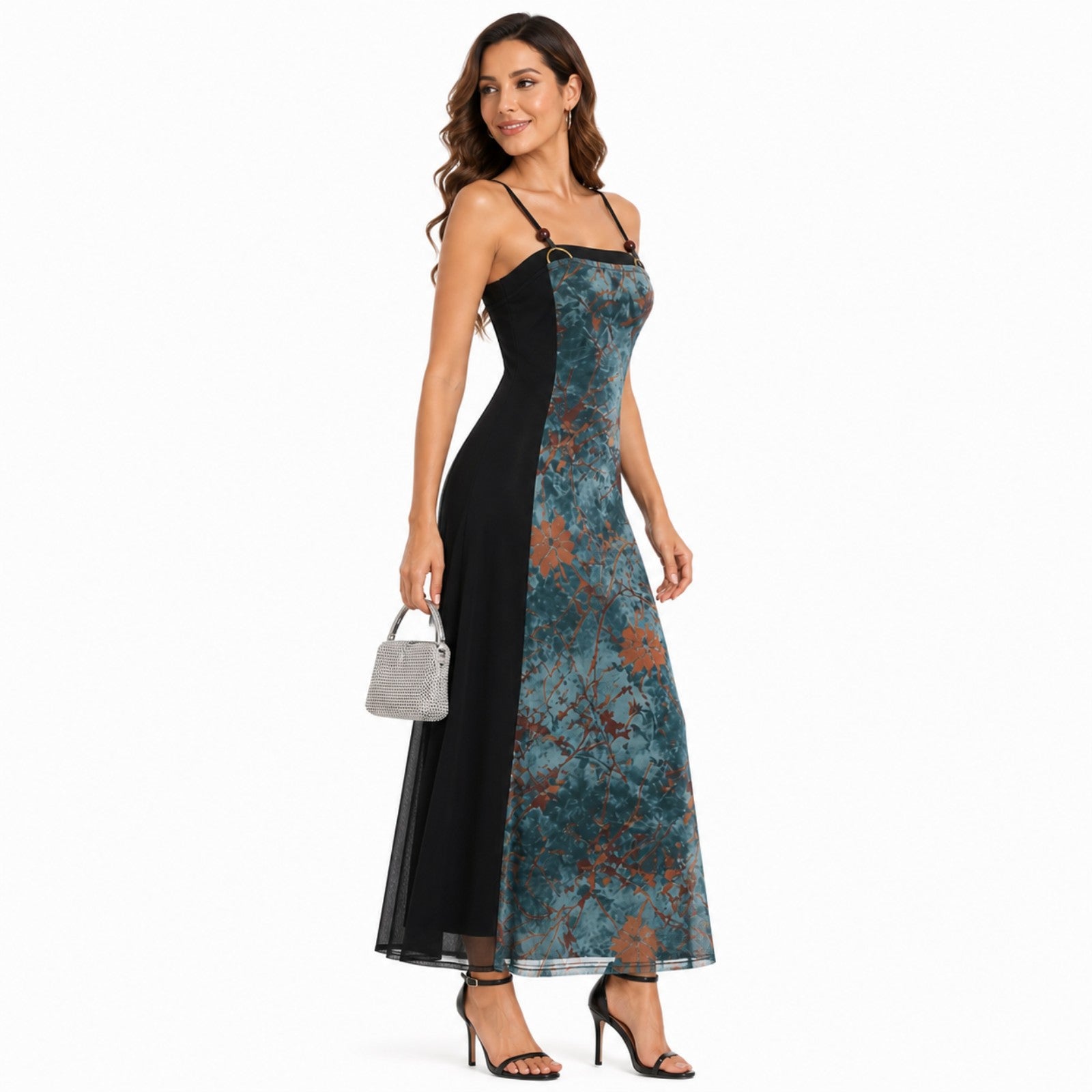 Women's Contrast Panel Spaghetti Strap Midi Dress-1