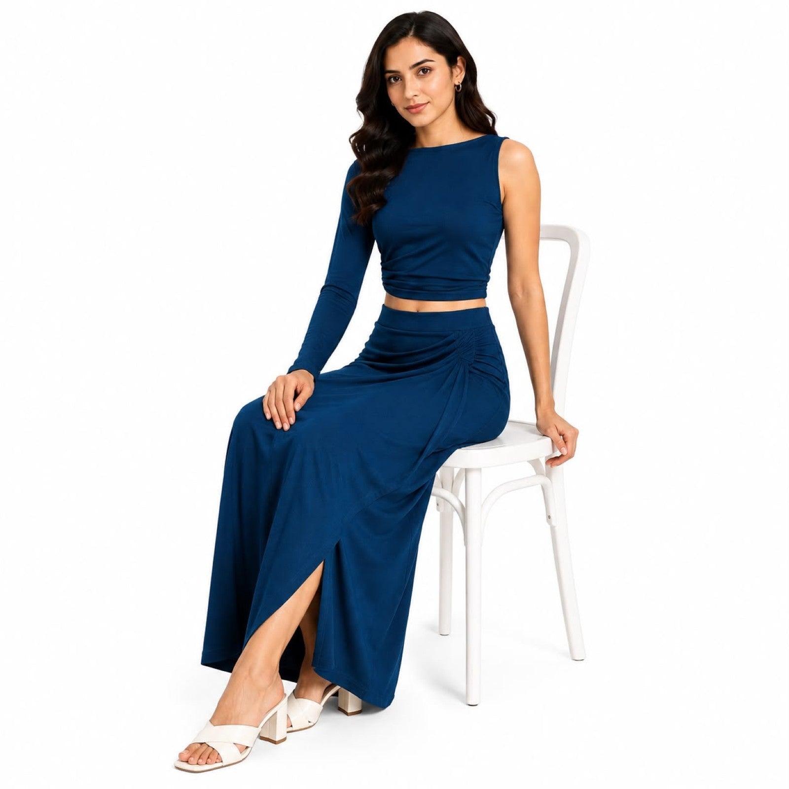 Women's Navy Blue Solid One-Shoulder Full Sleeve Crop Top and Draped Maxi Skirt Co-Ord Set for Party Wear-1