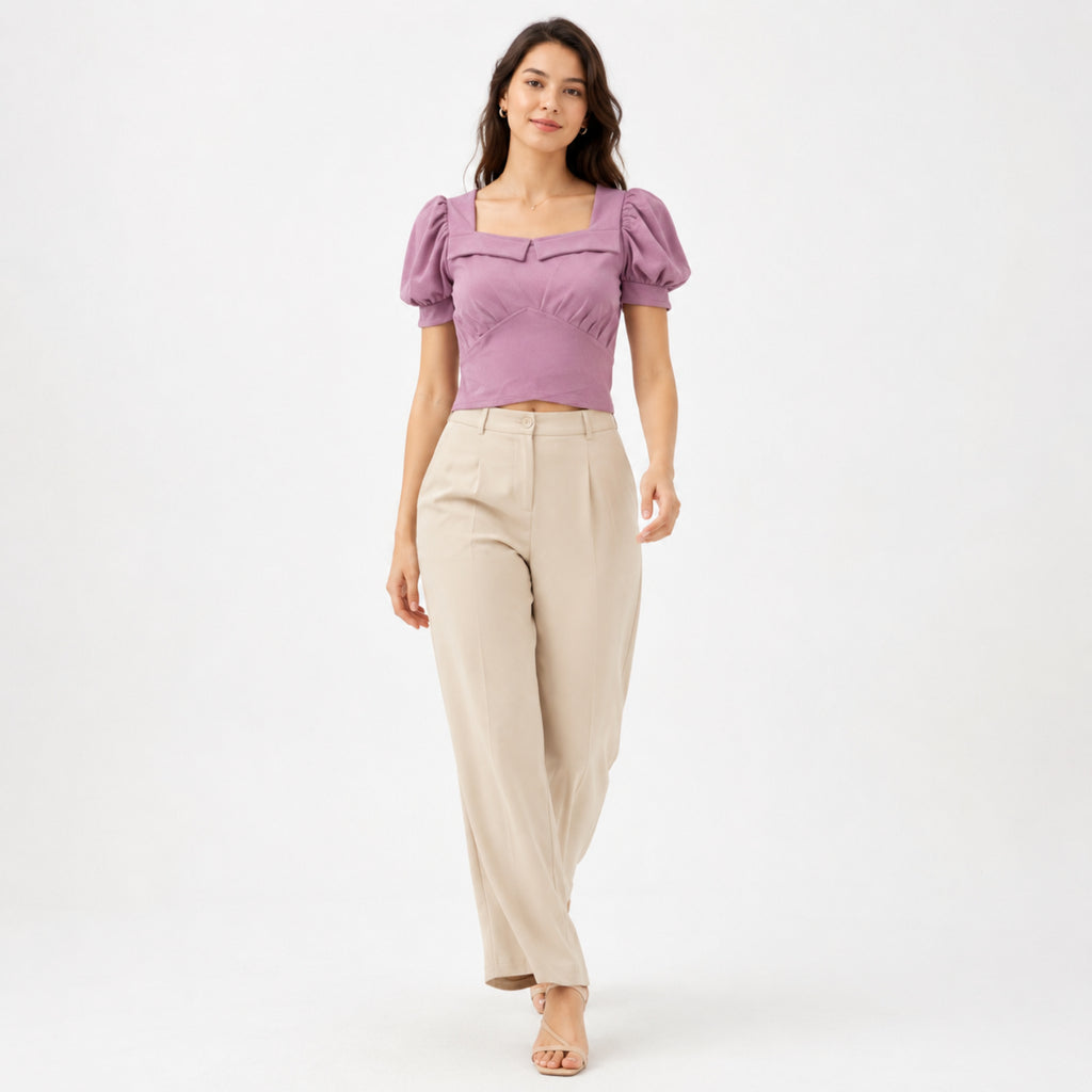 Women's Pink Square Neck Puff Sleeve Ruched Crop Top | Feminine Fitted Casual Blouse-1
