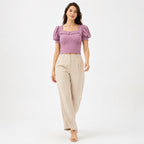 Women's Pink Square Neck Puff Sleeve Ruched Crop Top | Feminine Fitted Casual Blouse-1