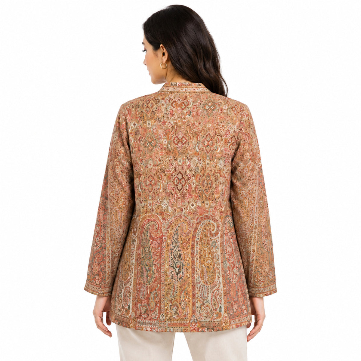 Women’s Rust Brown Printed Front-Open Jacket – Paisley Pattern Ethnic Style Jacket-4