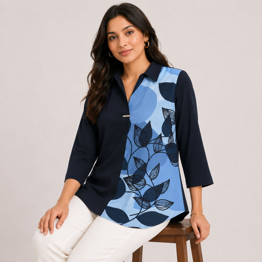 Women's Navy Blue Abstract Leaf Print Tunic Top | Elegant Collared Three-Quarter Sleeve Casual Office Wear Top-1