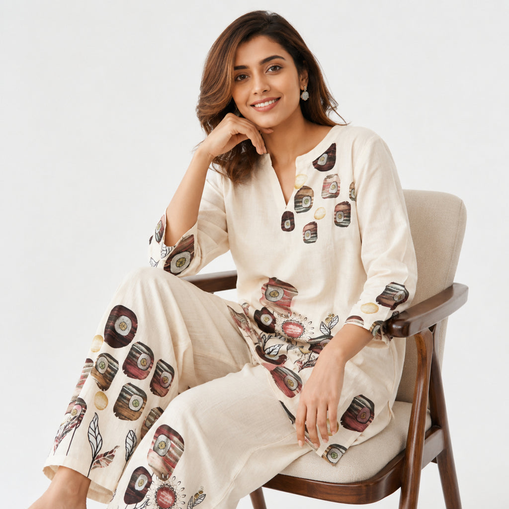 Women's Elegant Abstract Floral Printed Beige Kurta and Palazzo Set-4