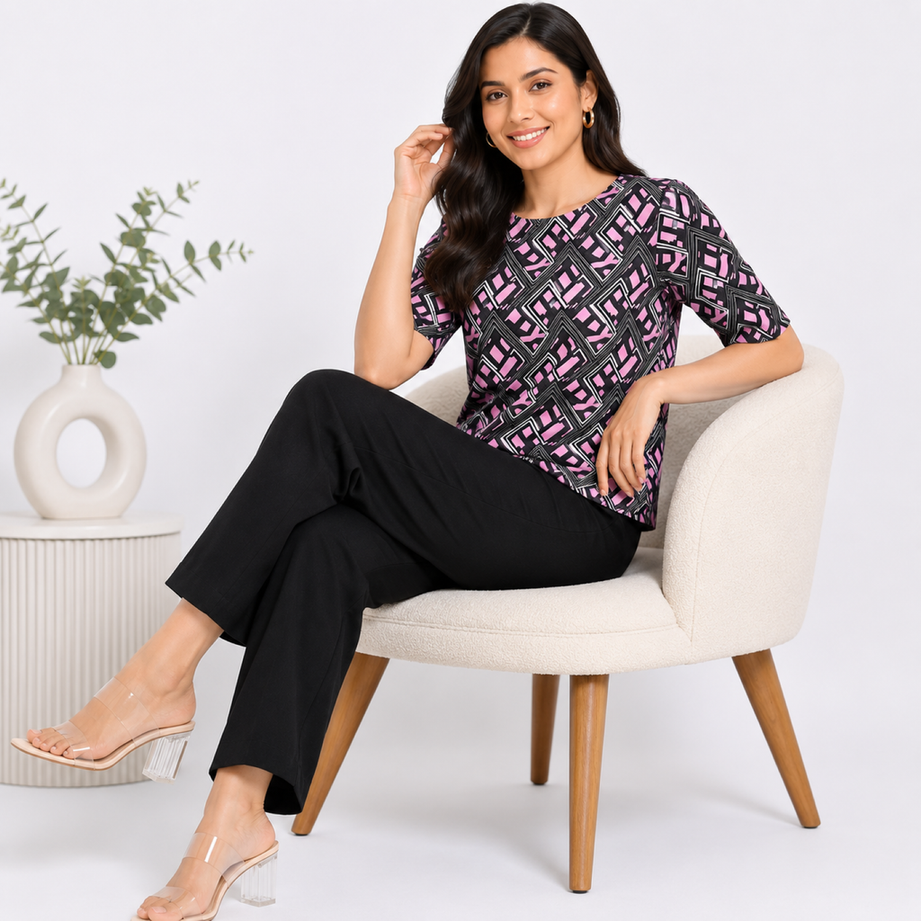 Women's Pink Geometric Print Half Sleeve Top-1