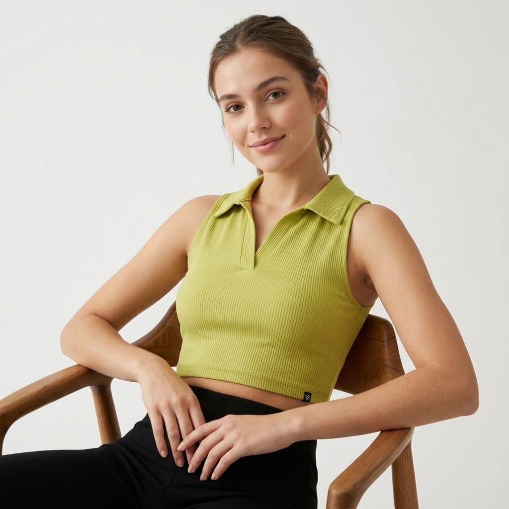 Women's Parrot Green Ribbed Sleeveless Crop Polo Top-3