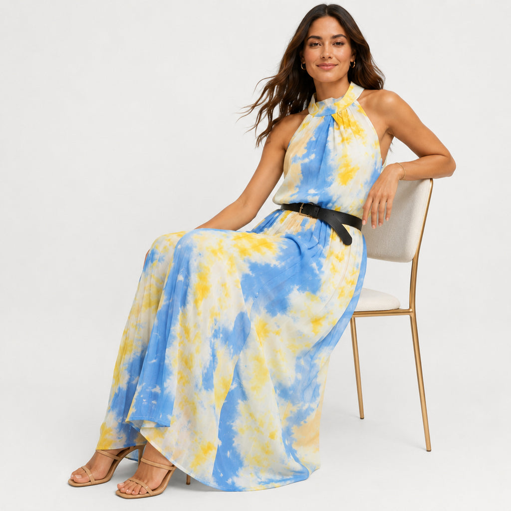 Women's Yellow Tie-Dye Halter Neck Flared Maxi Dress | Sleeveless Resort Wear Dress-3