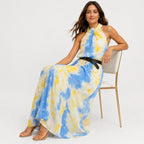 Women's Yellow Tie-Dye Halter Neck Flared Maxi Dress | Sleeveless Resort Wear Dress-3