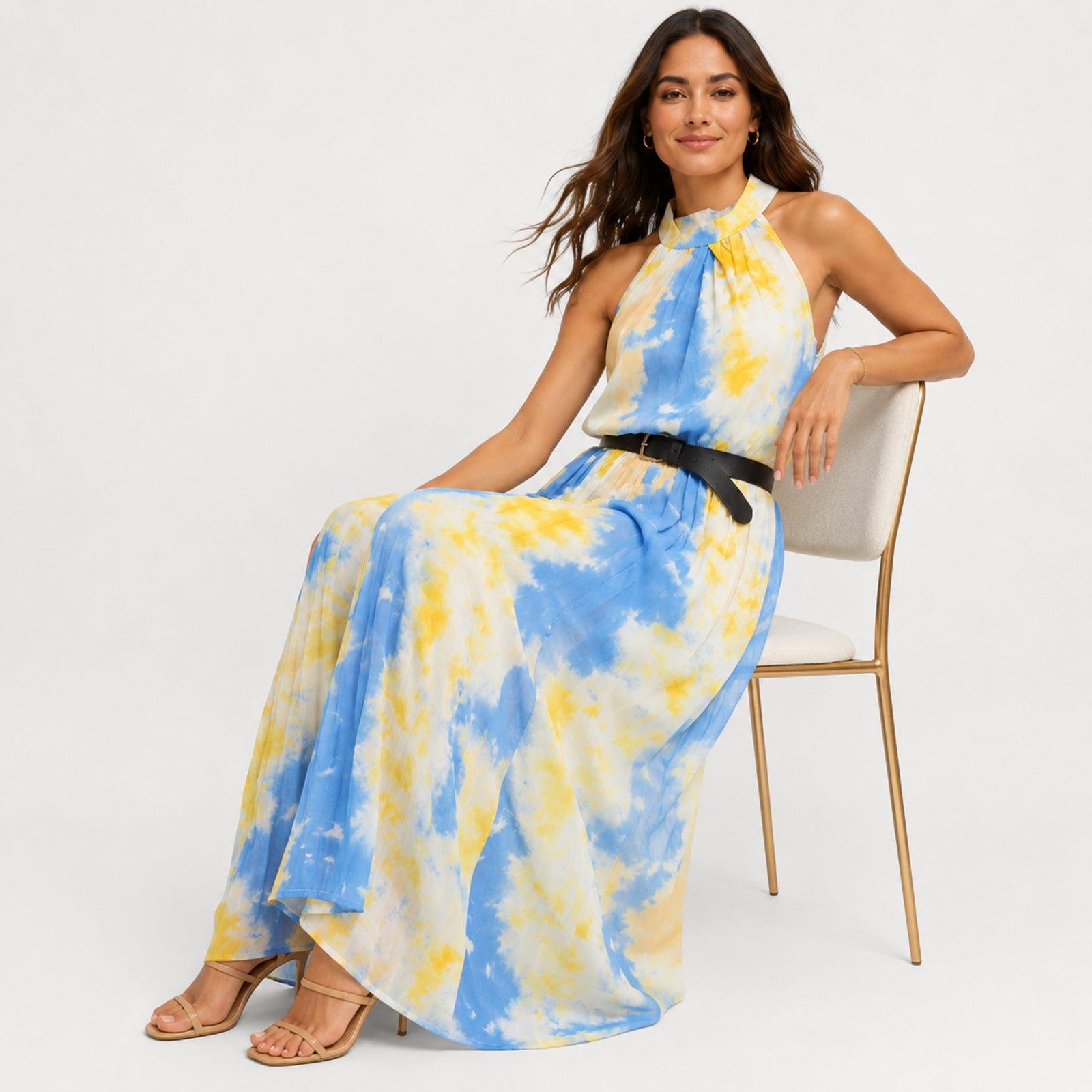 Women's Yellow Tie-Dye Halter Neck Flared Maxi Dress | Sleeveless Resort Wear Dress-3