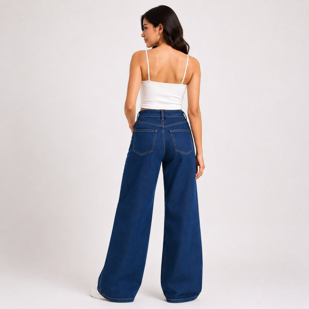 Women's Dark Blue High Waist Wide Leg Jeans | Trendy Relaxed Fit Denim Pants for Casual Streetwear Style-4