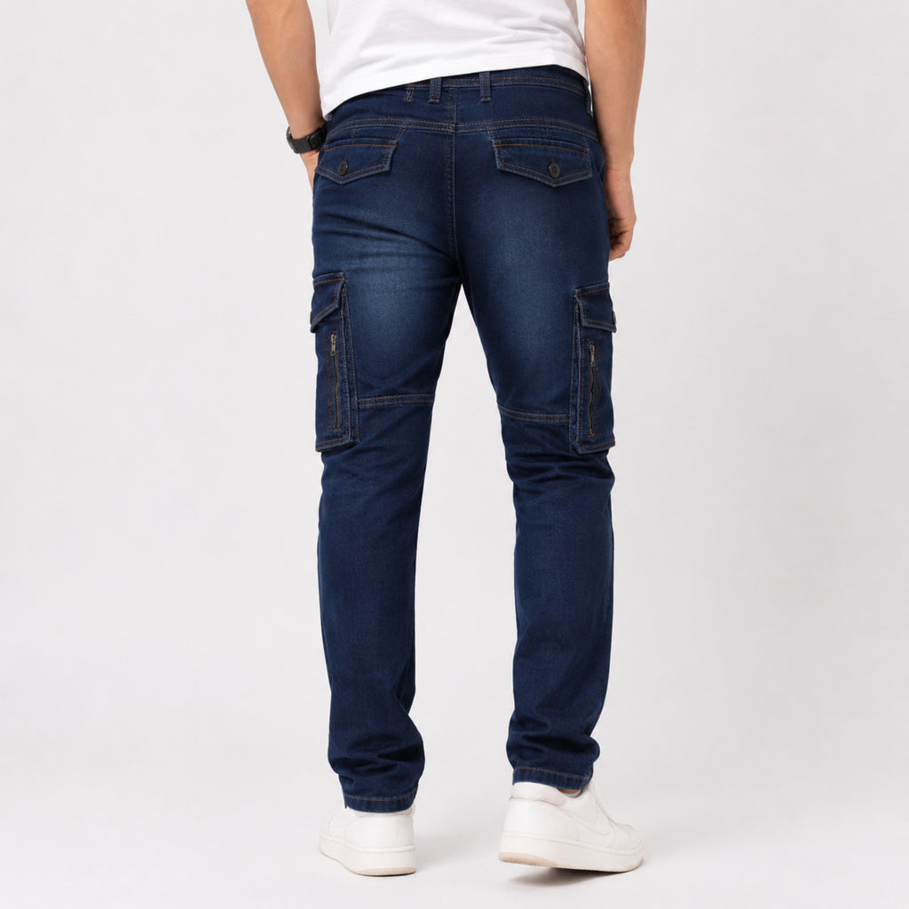 Men's Dark Blue Cargo Denim Jeans-3