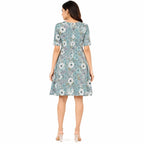 Women's Blue Floral Print Half Sleeve A-Line Dress-2