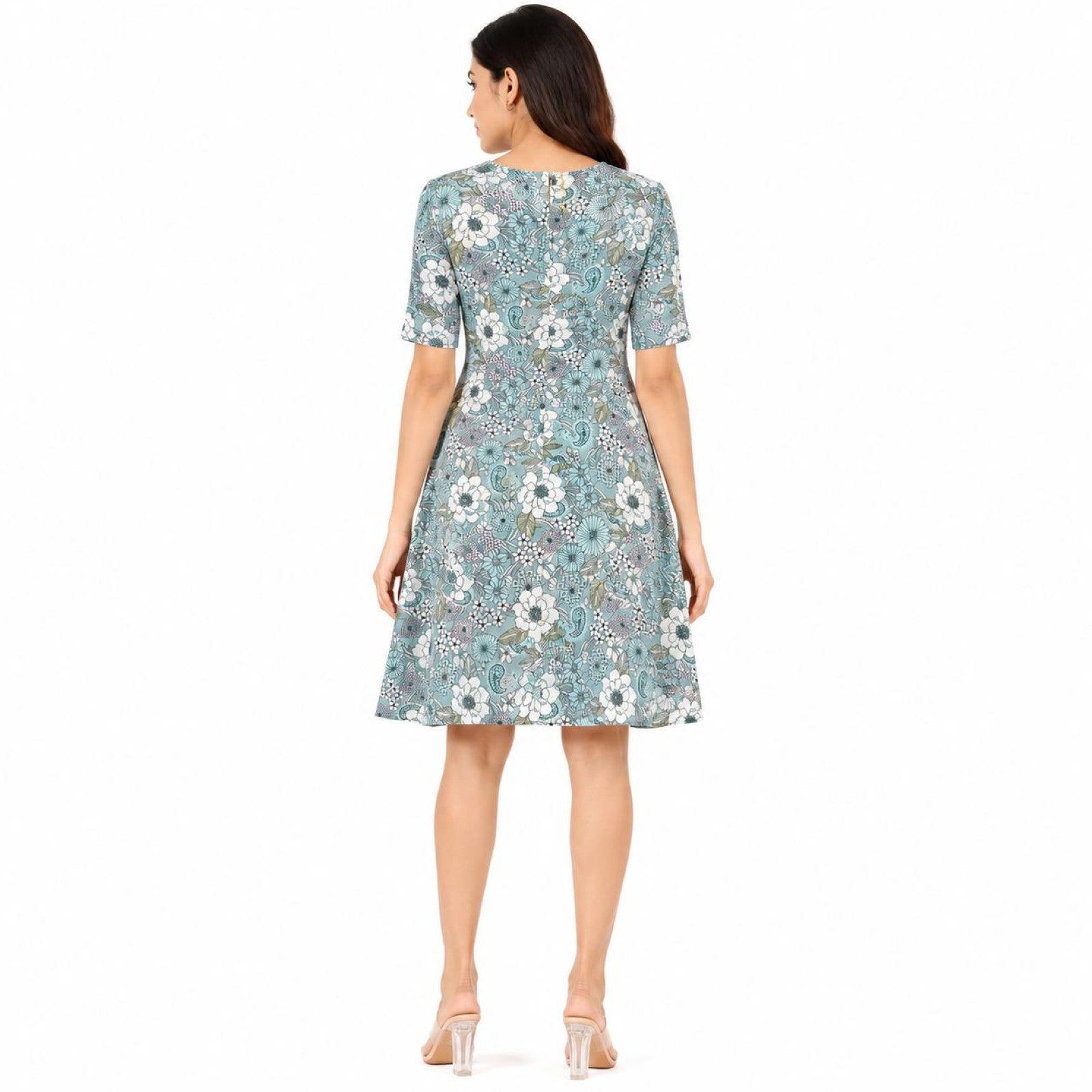 Women's Blue Floral Print Half Sleeve A-Line Dress-2
