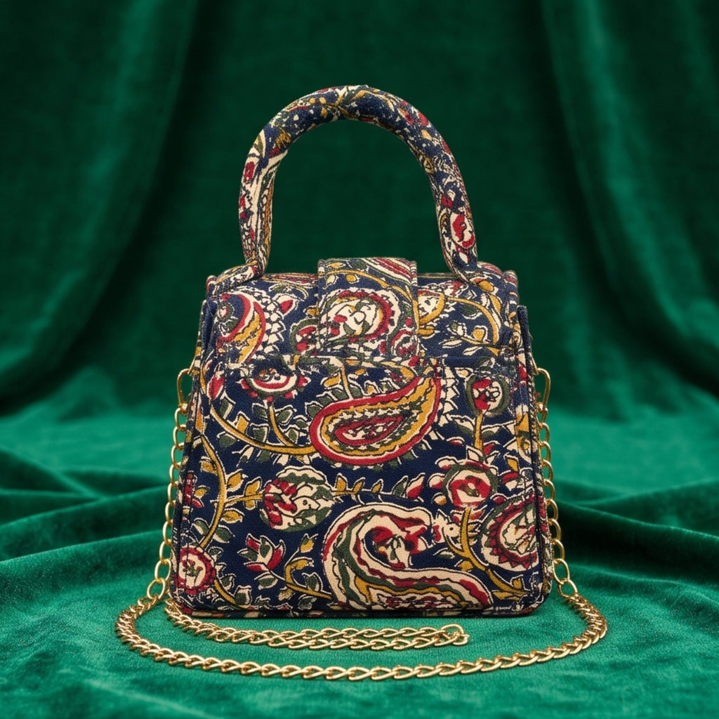 Women's Navy Blue Paisley Print Mini Handbag with Chain Strap-2