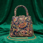 Women's Navy Blue Paisley Print Mini Handbag with Chain Strap-2