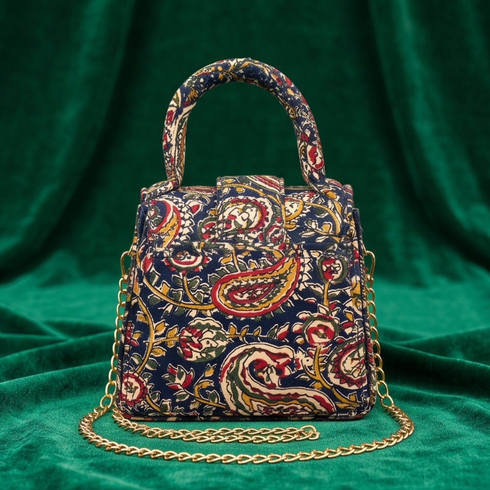 Women's Navy Blue Paisley Print Mini Handbag with Chain Strap-2
