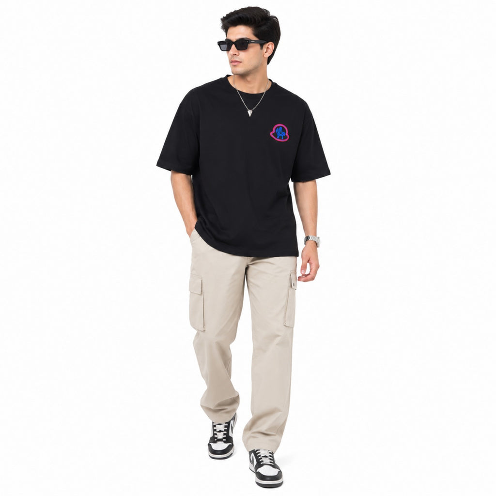 Men's Black Loose Fit Black Graphic Printed Casual T-Shirt-3