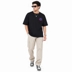 Men's Black Loose Fit Black Graphic Printed Casual T-Shirt-3