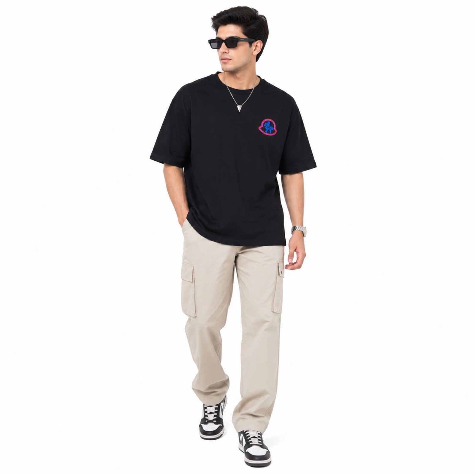 Men's Black Loose Fit Black Graphic Printed Casual T-Shirt-3