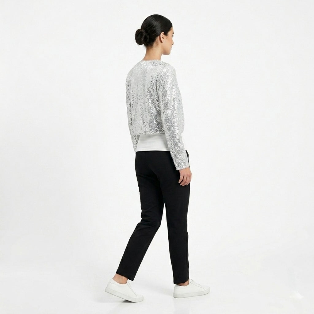 Women's Silver Sequin Open Front Party Shrug-3