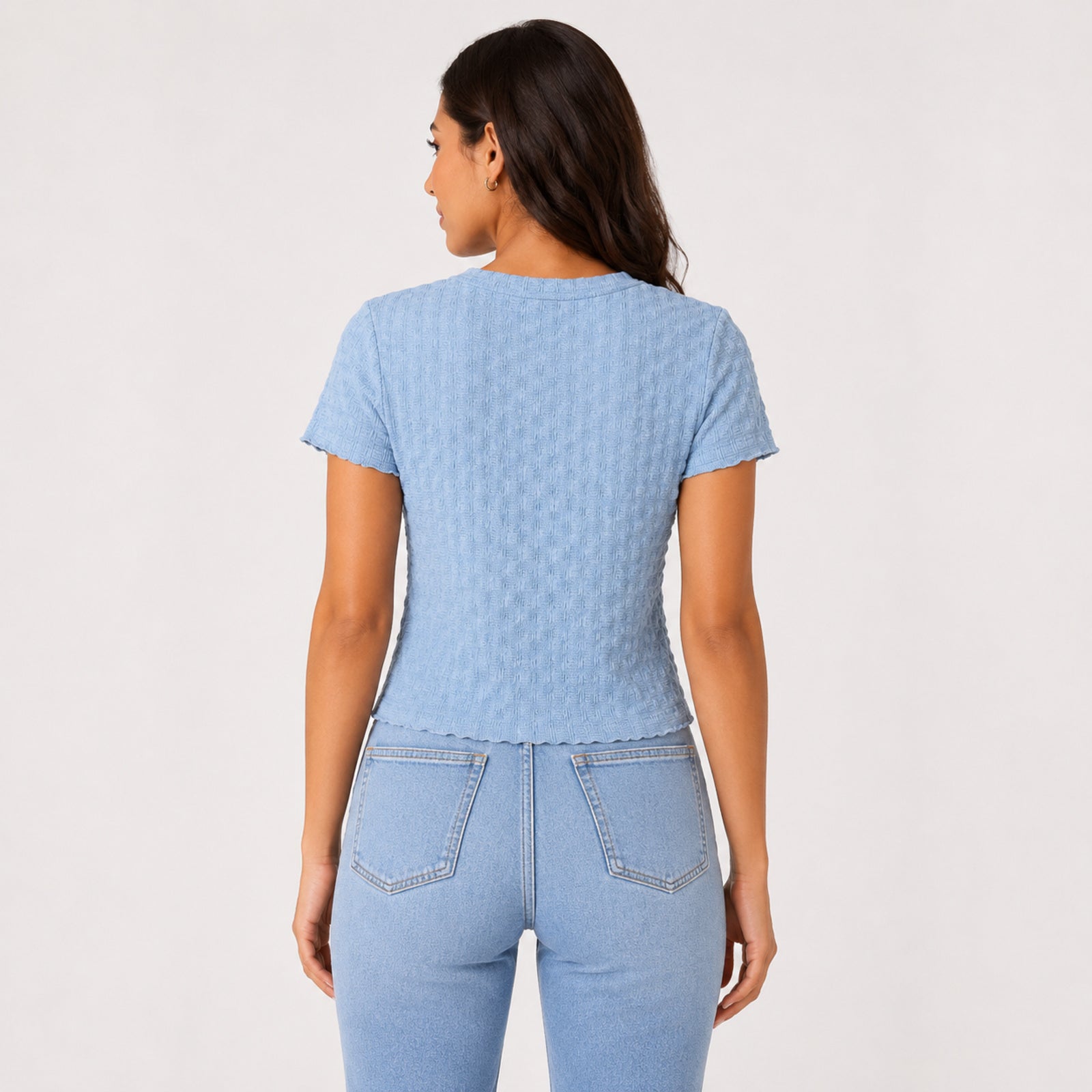 Women's Sky Blue Textured Short Sleeve Top-4