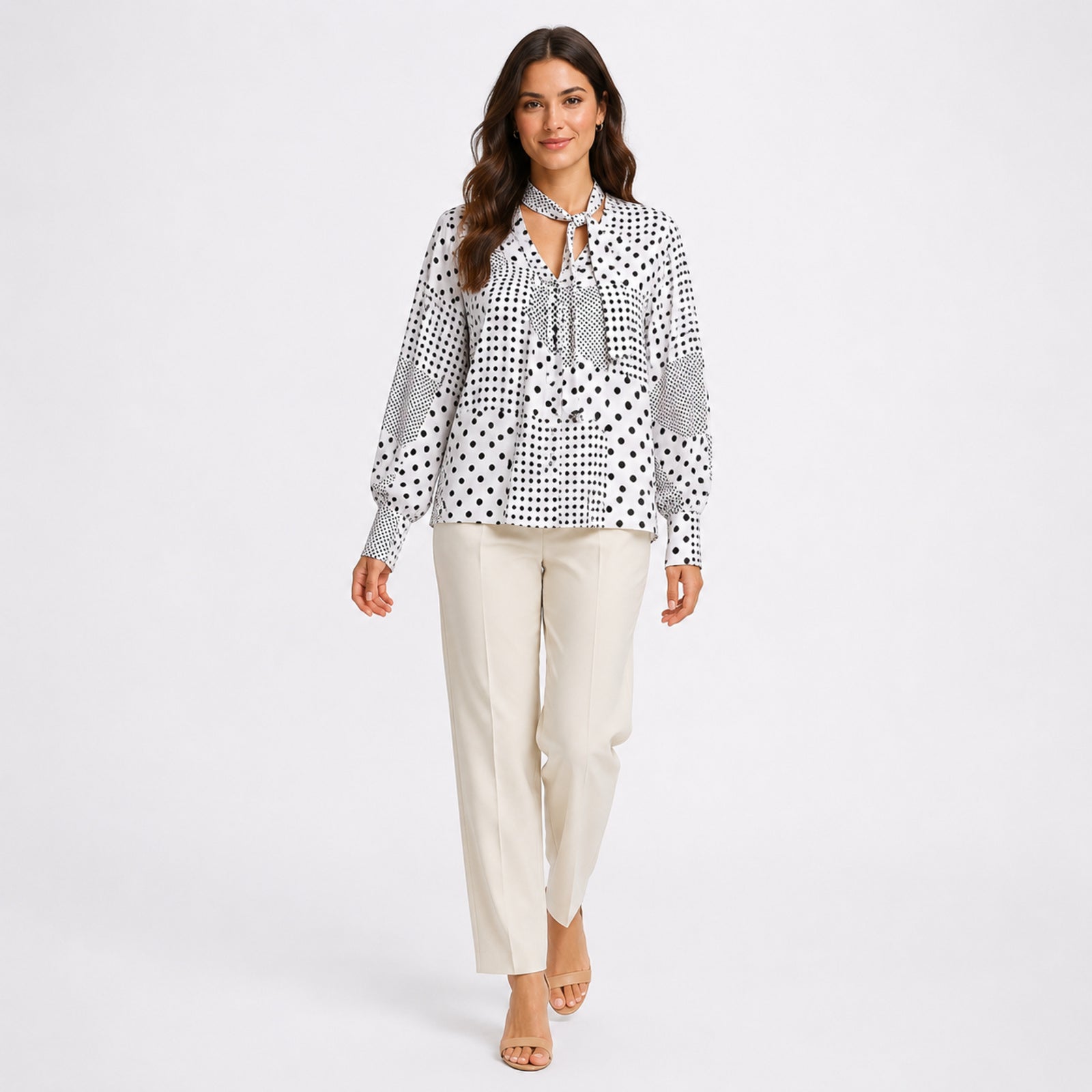 Women's White Polka Dot Tie-Neck Long Sleeve Blouse-1