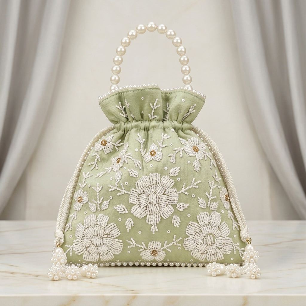 Women's Luxury Mint Pista Green Embroidered Potli Bag with Pearl Handle and Beaded Floral Clusters-1