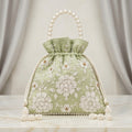 Women's Luxury Mint Pista Green Embroidered Potli Bag with Pearl Handle and Beaded Floral Clusters-1