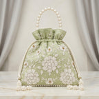 Women's Luxury Mint Pista Green Embroidered Potli Bag with Pearl Handle and Beaded Floral Clusters-1