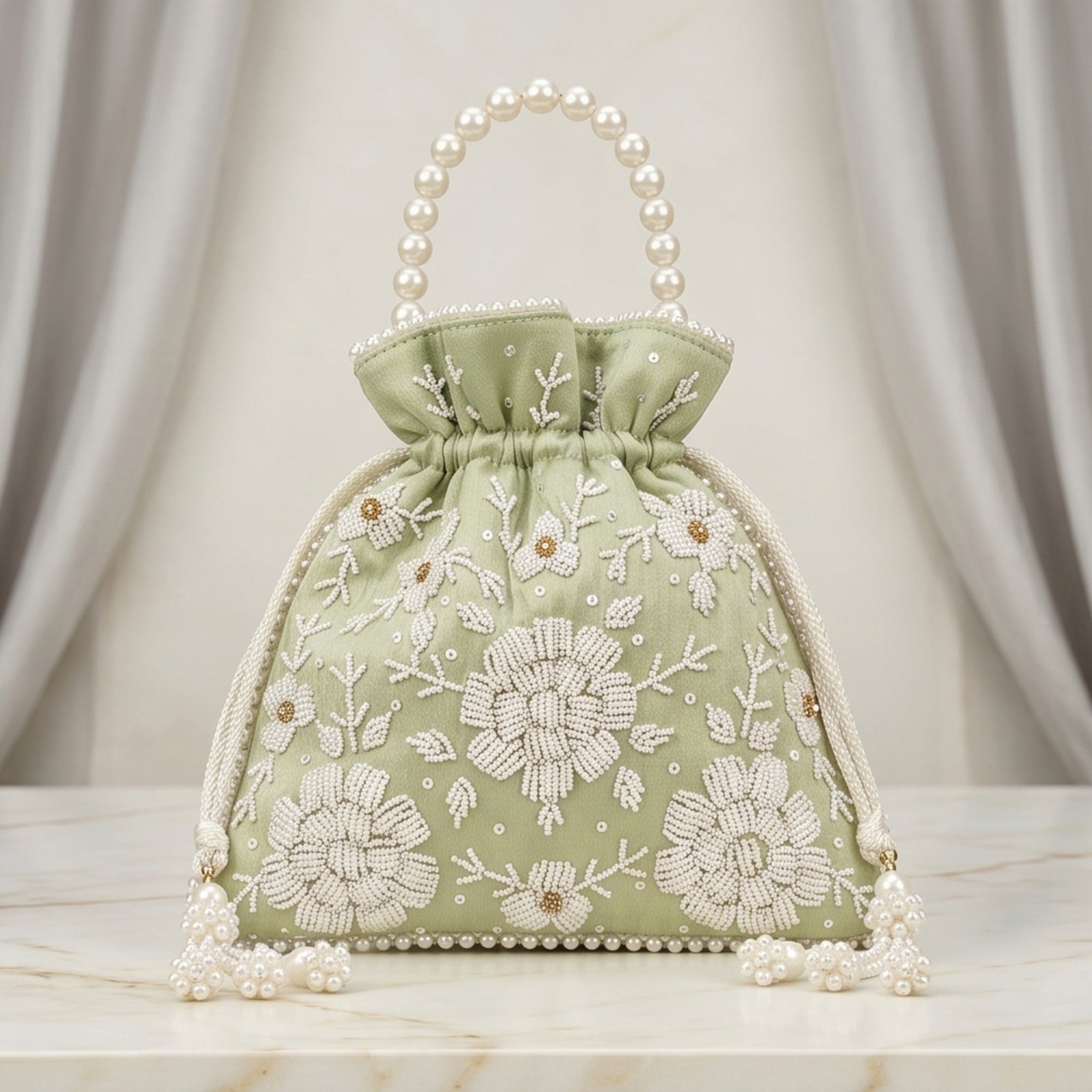 Women's Luxury Mint Pista Green Embroidered Potli Bag with Pearl Handle and Beaded Floral Clusters-1
