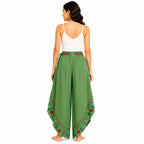 Women's Parrot Green Embroidered Lace-Up Wide Leg Palazzo Pants-1