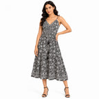 Women's White & Black Printed Sleeveless Midi Dress-1