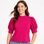 Women's Dark Pink High Neck Puff Sleeve Top | Solid Casual Elegant Knit Top-3