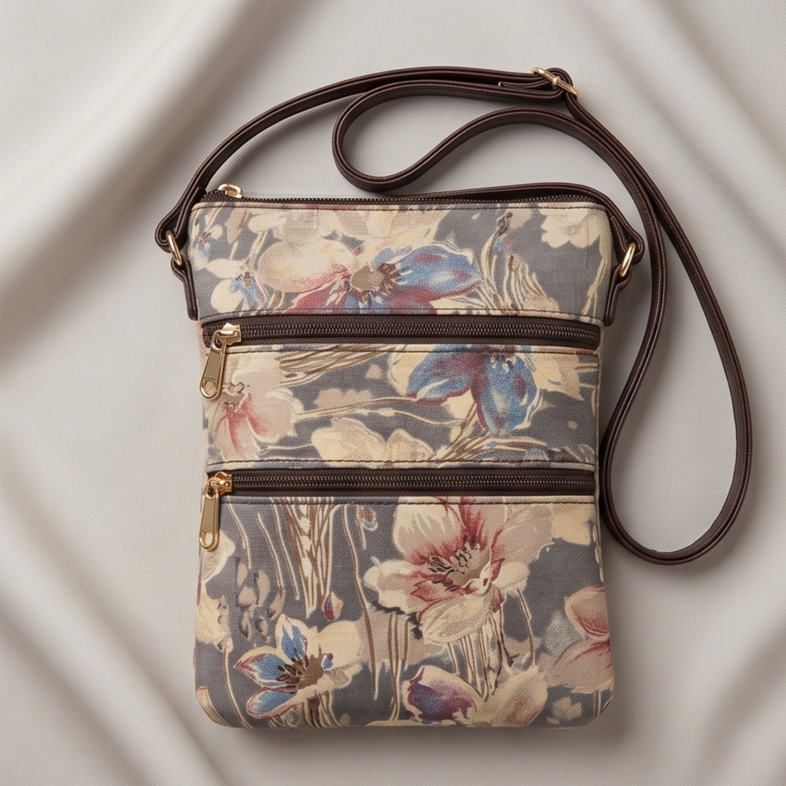 Women's Cream Floral Print Crossbody Sling Bag with Multi-Zip Compartments-1