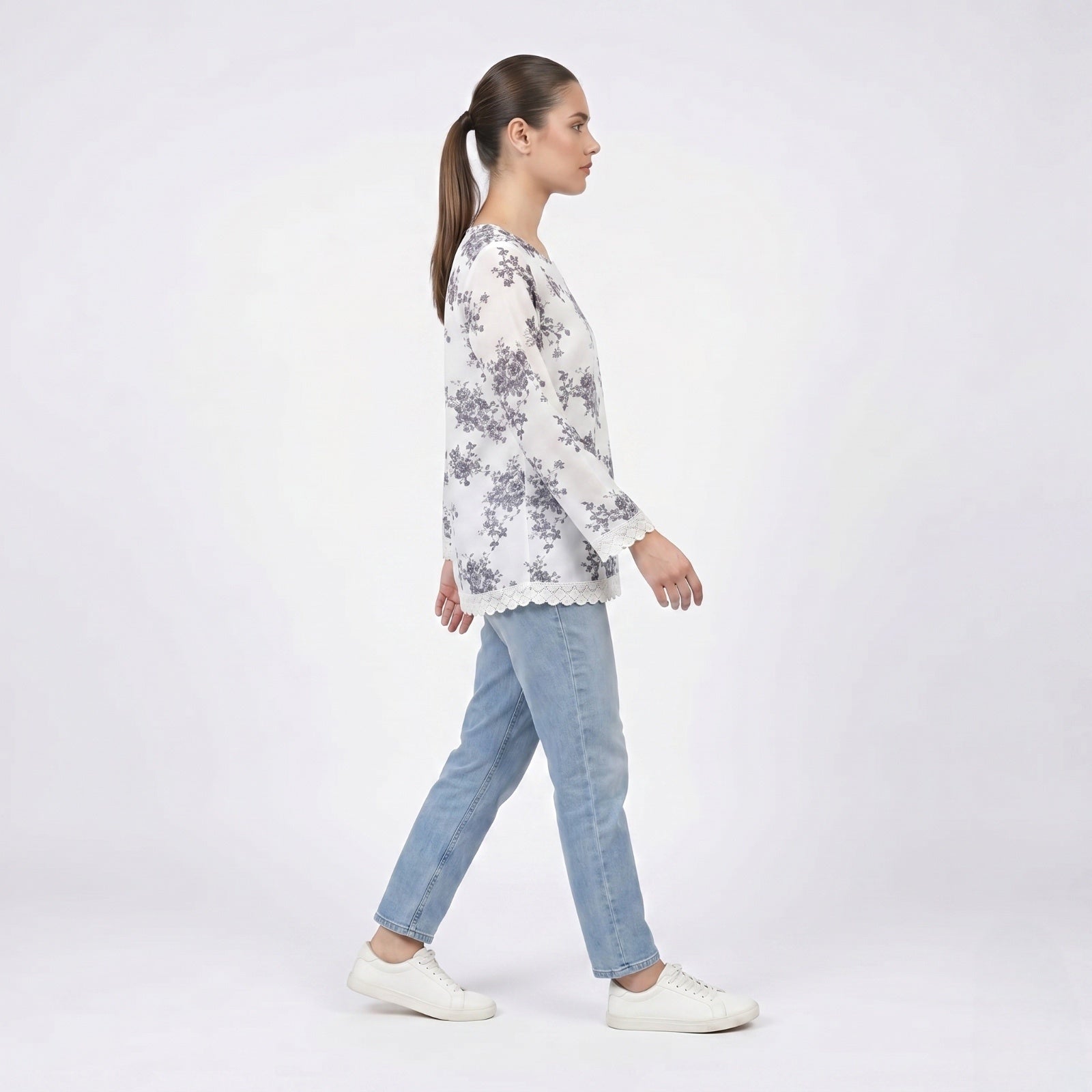 Ivory Blue Floral Long Sleeve Top-4
