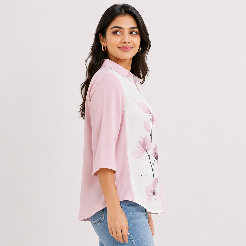 Women's Pink Floral Print Color Block Casual Top | Elegant Collared Everyday Fashion Blouse-3
