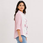 Women's Pink Floral Print Color Block Casual Top | Elegant Collared Everyday Fashion Blouse-3