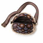 Women's Brown Tribal Print Round Crossbody Sling Bag with Fringe Detail-4
