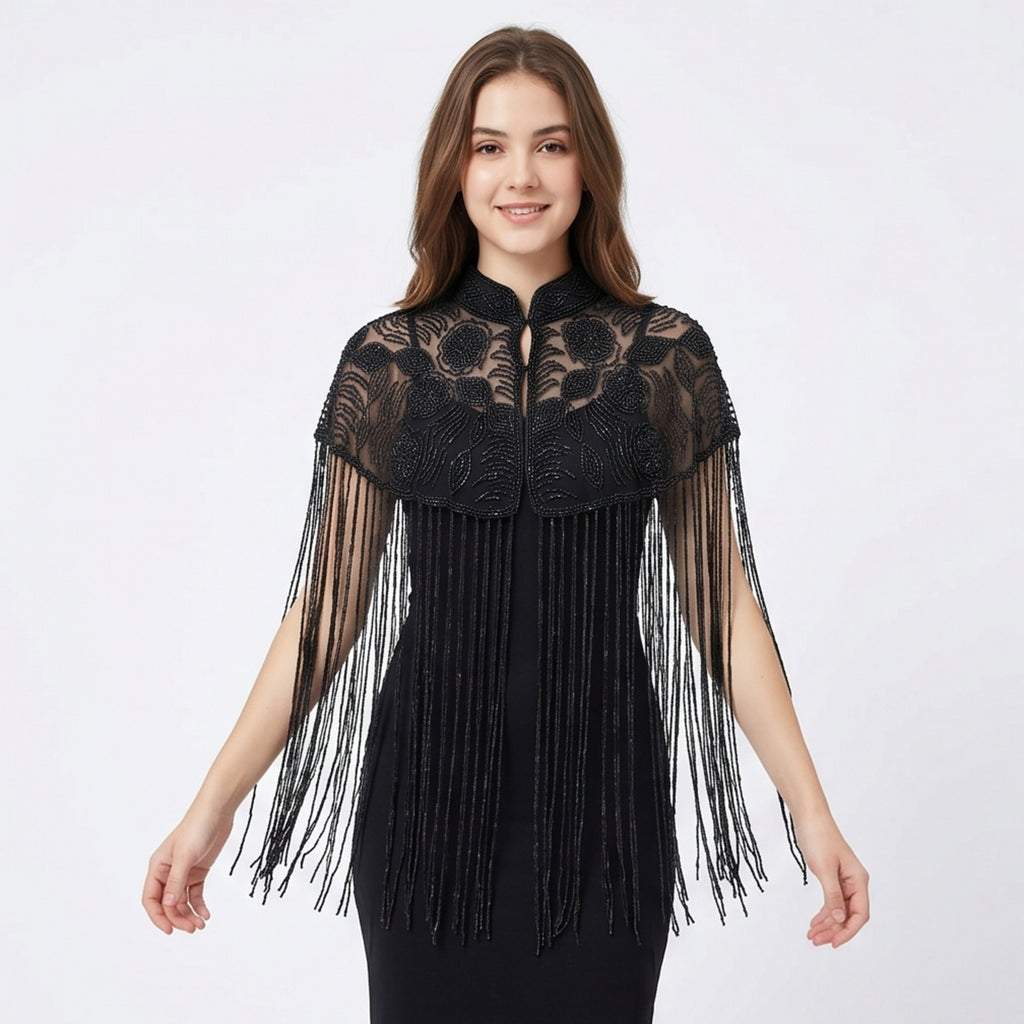 Women's Elegant Hand-Embroidered Mock Neck Black Poncho Cape with Metallic Fringe Tassel-1