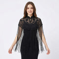 Women's Elegant Hand-Embroidered Mock Neck Black Poncho Cape with Metallic Fringe Tassel-1