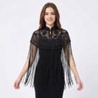 Women's Elegant Hand-Embroidered Mock Neck Black Poncho Cape with Metallic Fringe Tassel-1