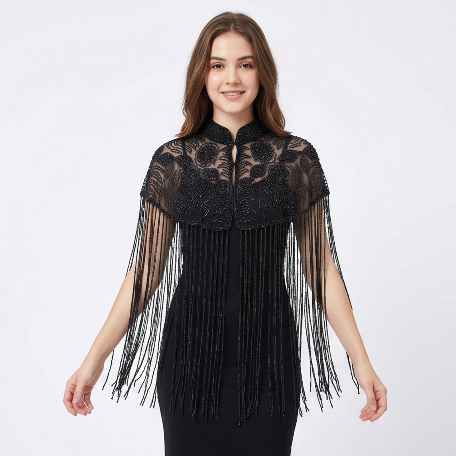 Women's Elegant Hand-Embroidered Mock Neck Black Poncho Cape with Metallic Fringe Tassel-1