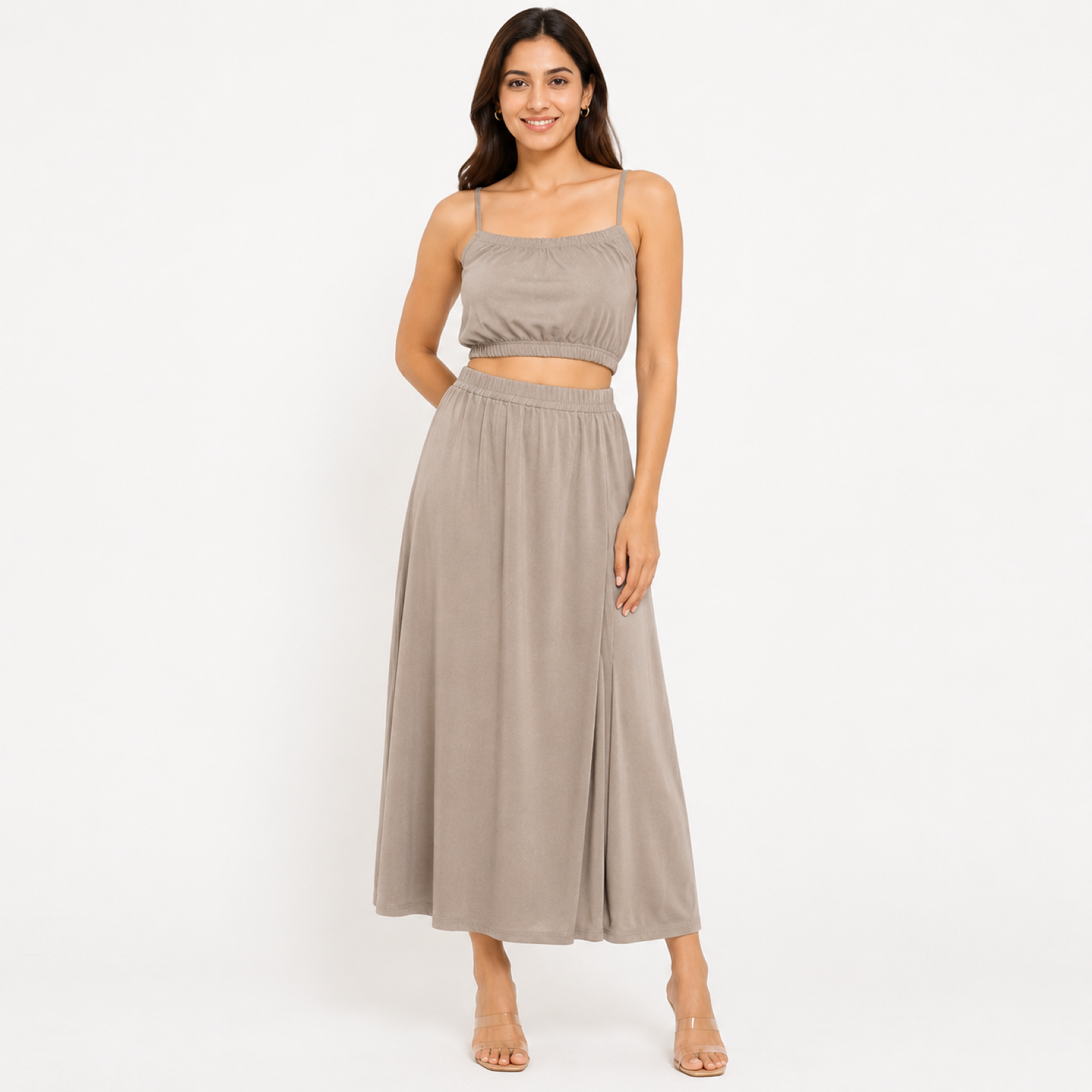 Women's Peach Sleeveless Co-Ord Set | Crop Top & High-Waist Maxi Skirt Two-Piece Outfit-1