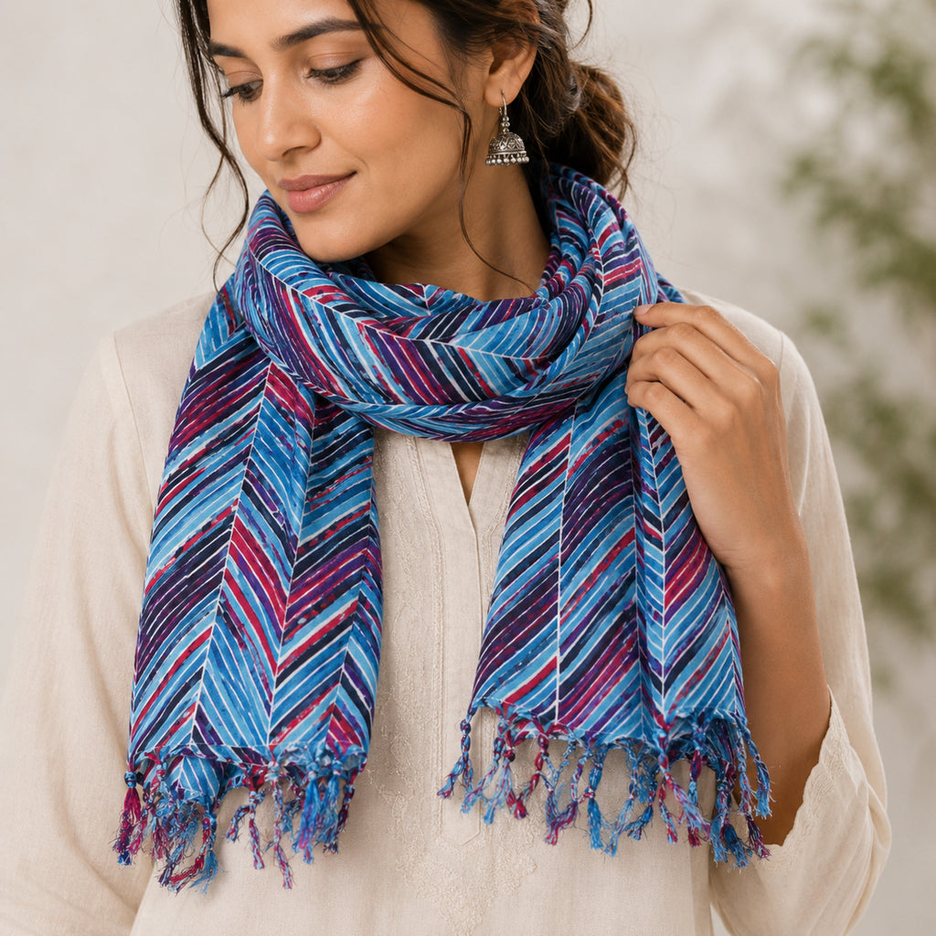Women's Blue Chevron Striped Tassel Scarf-4