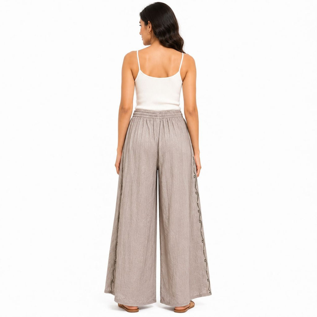Women's Beige Embroidered Wide Leg Palazzo Pants with Drawstring Waist-1