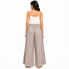 Women's Beige Embroidered Wide Leg Palazzo Pants with Drawstring Waist-1