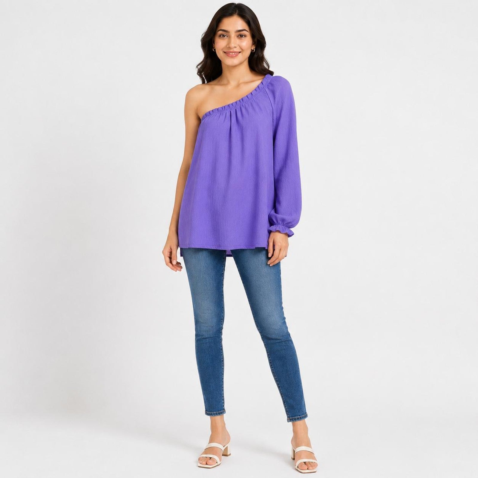 Women's Violet One-Shoulder Balloon Sleeve Relaxed Fit Top-2