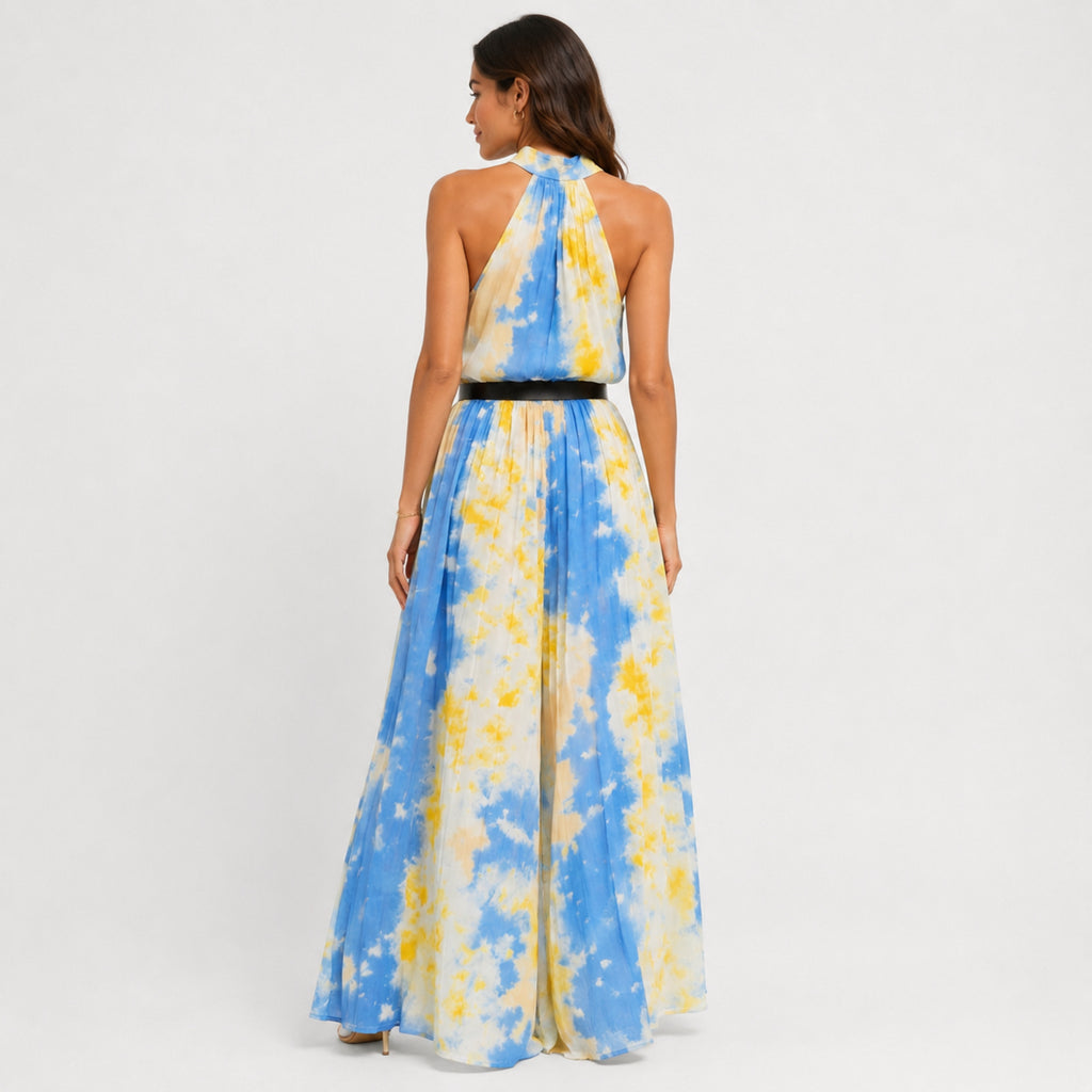 Women's Yellow Tie-Dye Halter Neck Flared Maxi Dress | Sleeveless Resort Wear Dress-4