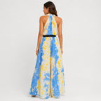 Women's Yellow Tie-Dye Halter Neck Flared Maxi Dress | Sleeveless Resort Wear Dress-4