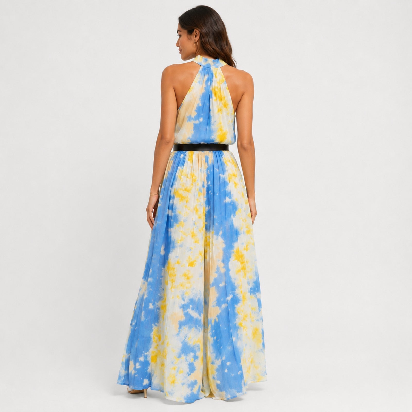 Women's Yellow Tie-Dye Halter Neck Flared Maxi Dress | Sleeveless Resort Wear Dress-4
